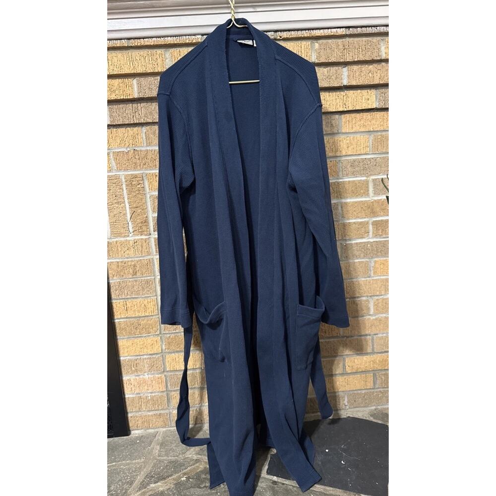 LL Bean Men L Comfort Waffle Robe Unlined Blue Belted Waist Long Sleeve Knit